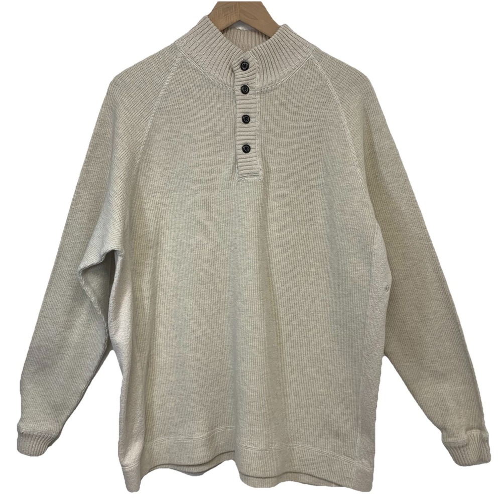 Tommy Bahama‎ Rib Knit Long Sleeve 3 Button Polo Shirt Men Large Neutral Cotton